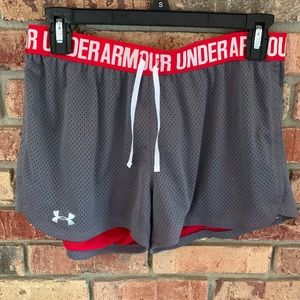 Under Armour gray and red mesh athletic shorts